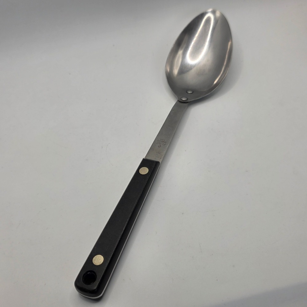 Vintage Flint Stainless USA Serving Spoon Black Riveted Handle 12 Inch Utensil